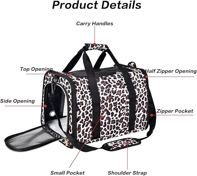 Petmolico Cat Carrier Dog Carrier, Airline Approved Soft Pet Travel Carrier with 3 Open Doors Mesh Windows for Cats Puppy 16 lbs, Leopard