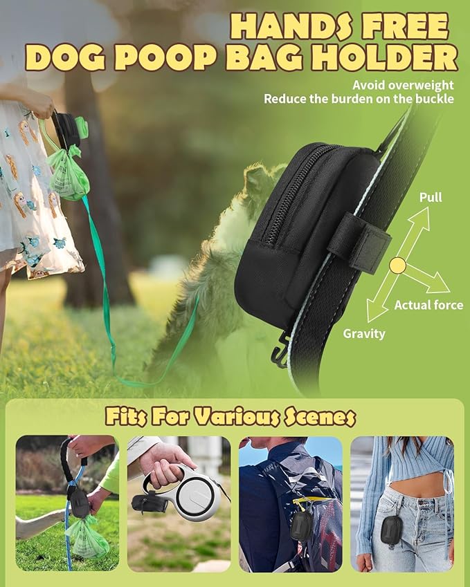 Dog Poop Bag Holder for All Leashes,Hand Free Doggie Waste Bag Dispenser-Velcro/Hook/Carabiner,Dog Poop Bag Dispenser for Leash,Wide Opening,Leash Attachment for Dog Walking,Poop Bags EXCLUDED,Black