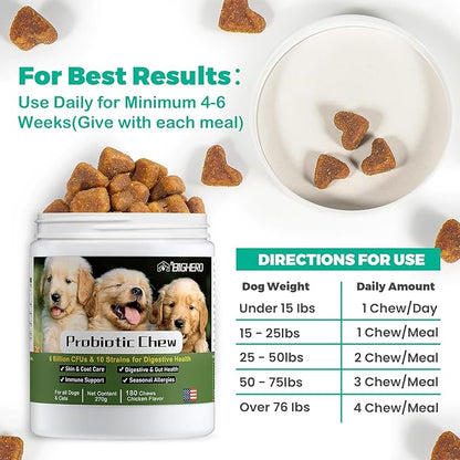 Probiotics for Dogs - Digestion & Health Supplement, Support Gut Health, Diarrhea, Digestive Health & Seasonal Allergies, Clinical Digestive Enzymes & Super Vitamins (180 Soft Chews Chicken)