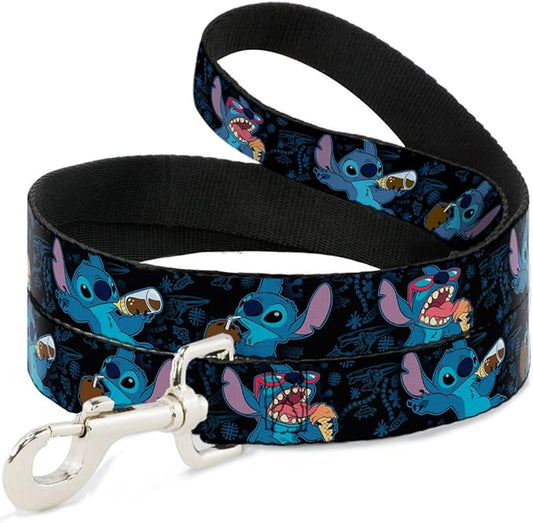 Buckle-Down Pet Leash - Stitch Snacking Poses Black/Blue - 6 Feet Long - 1/2" Wide
