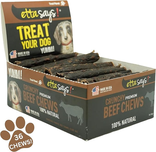 ETTA SAYS! Crunchy Premium Dog Chews – 4.5" Beef Dog Chews - Made in The USA, Grain-Free Dog Treats, Good for Teeth, Easy to Digest (Pack of 36)