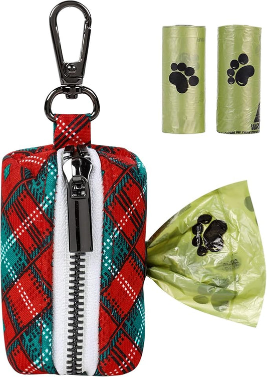 Aring pet Christmas Dog Poop Bag Holder, Cotton Puppy Waste Bag Dispenser Attach to Any Leashes, Portable Washable Pet Waste Pouch Holder with Two Rolls of Bags