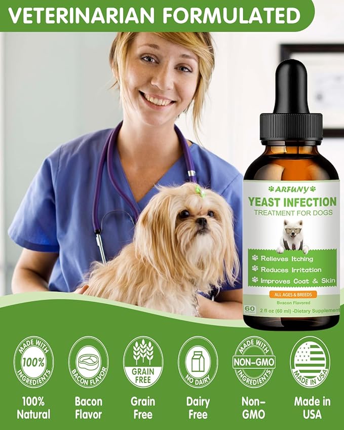 Natural Yeast Infection Treatment for Dogs | 60ML Supports Healthy Itch Relief | Dog Yeast Ear Infection Treatment | Dog Inflammation Relief, Allergy Relief & Skin Itch Relief | 2 fl oz, Bacon Flavor