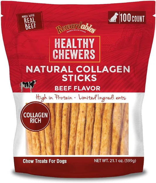 | Healthy Chewers | Natural Collagen and Beef Sticks for Dogs | 100 Count | High Protein and Limited Ingredient Dog Chews