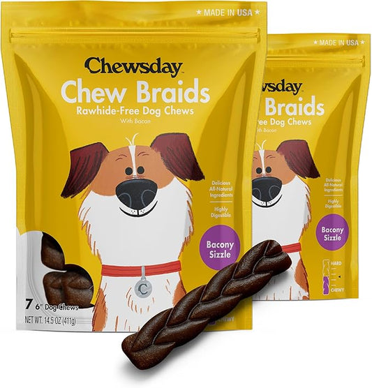 6-Inch Dog Chew Braids, Made in The USA, All Natural Rawhide-Free Highly-Digestible Treats, Bacony Sizzle - 14 Count