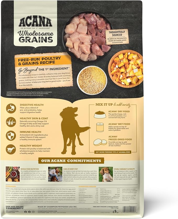 ACANA Wholesome Grains Dry Dog Food, Free-Run Poultry, Real Chicken & Turkey and Eggs Dog Food Recipe, 4lb