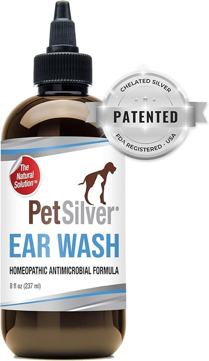 PetSilver Natural Ear Wash Flush with Patented Chelated Silver Formula, Cat and Dog Ear Cleaner and Treatment, Sooth and Clean Itchy and Inflamed Ears, Easy to Use, Made in USA, 8 oz.