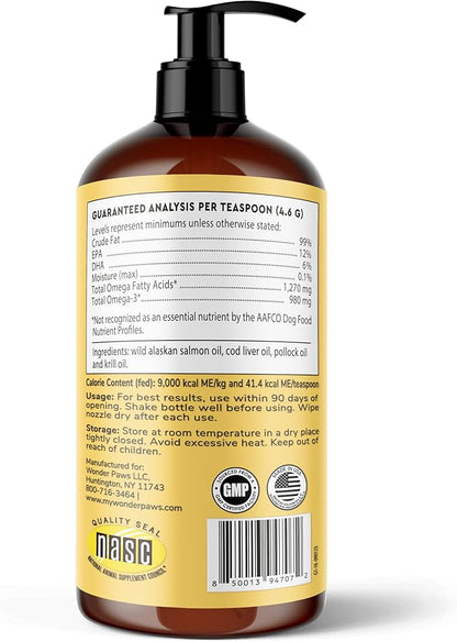 Fish Oil For Dogs - Omega 3 For Dogs From Alaskan Salmon, Cod & Krill Oil - EPA DHA Fatty Acids - Less Shedding & Itching - Skin, Joint, Immune & Heart Health - 16 oz Pet Liquid Supplement