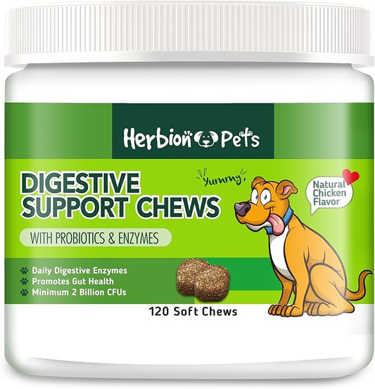 Herbion Pets Digestive Support Chews with Probiotics and Enzymes, 120 Soft Chews - with Daily Digestive Enzymes - for Improved Gut Health - Minimum 2 Billion CFUs - Made in USA - for Dogs 12 Weeks+