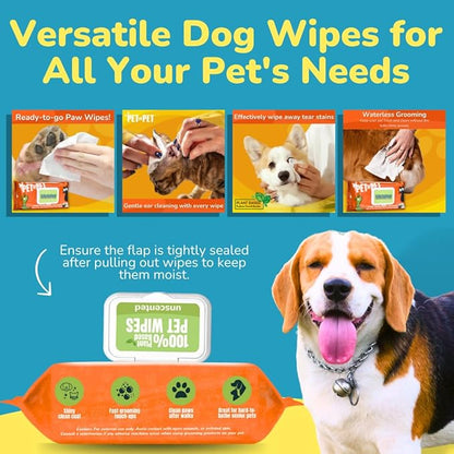 PET N PET 100% Plant Based Dog Wipes for Paws and Butt, 100 Counts Dog Pet Wipes, 8" x 8" Hypoallergenic Unscented Dog Wipes, Cleaning Deodorizing Cat Wipes, Puppy Wipes, Dog Paw Wipes, Dog Face Wipes