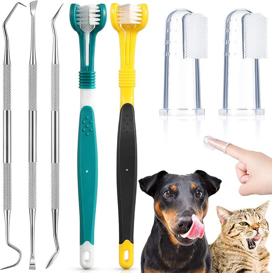 7 Pieces Dog Teeth Cleaning Kit Includes Dental Tooth Scaler and Scraper Stainless Steel Tarter Remover Scraper 3 Head Dog Toothbrush and Silicone Dog Finger Toothbrush Dog Plaque Remover Tools