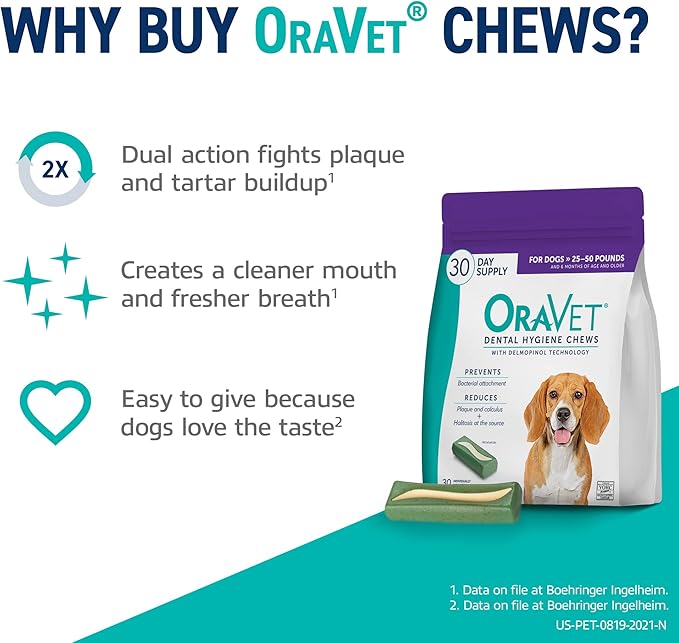 ORAVET Dental Chews for Dogs, Oral Care and Hygiene Chews (Medium Dogs, 25-50 lbs.) Purple Pouch, 30 Count