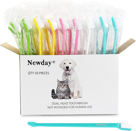50 Pack Dual Ended Long Dog & Cat Toothbrush, Pet Safe Super Soft Bristles for Pet Dog Puppy Kitten Dental & Oral Care Teeth & Gums, Pet toothbrushes in box, Bulk individual polybag (Colorful)