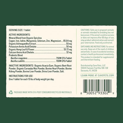 Super Chomp Tablets, Dog Probiotic Supplement for Digestive Health and Natural Relaxation, Multi-Glandular & Hemp
