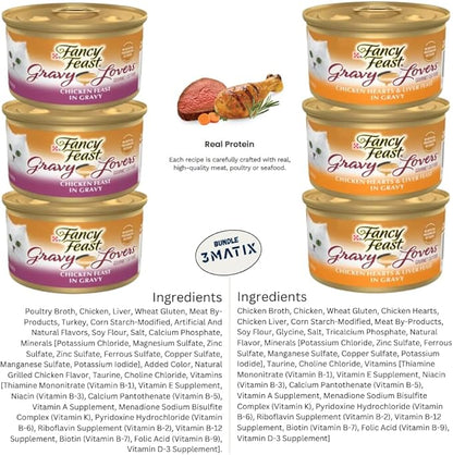Fancy Feast Wet Cat Food Gravy, Grain Free Chicken Hearts & livers, Turkey, Beef and Seafood Variety Bundle (Pack of 18) 3oz. Cans & 1 Exclusive kit (1x can Sealer, 1x can Opener, 1x Mouse Toy)