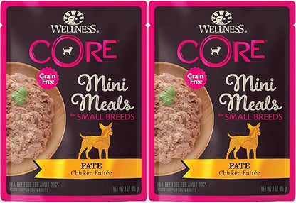 Wellness CORE Mini Meals Grain Free Small Breed Dog Wet Food 3oz Pate Chicken Entree, Chunky Chicken and Liver, Shredded Chicken Turkey Dinner in Gravy 3 Flavors 6 Pack Plus Newspaper Plush Dog Toy