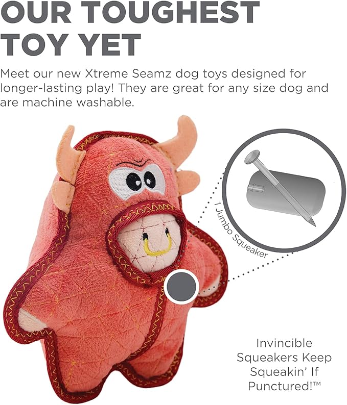 Outward Hound Xtreme Seamz Bull Squeaky Plush Dog Toy - Reinforced Dense Stuffing Plush Toy