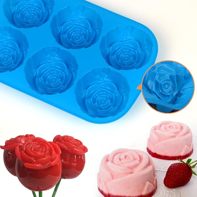 3PCS Jumbo Rose Flower Silicone Mold for Candy, Non-stick Silicone Flower Molds for Raspberry Cheesecake Roses, 6-Cavity Flower Silicone Molds for Rose Candy Apples