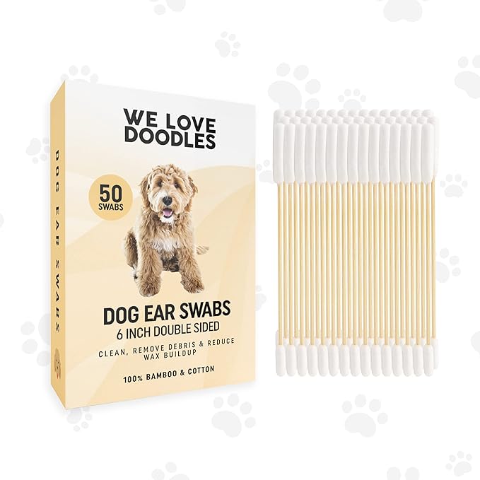 We Love Doodles Long Cotton Dog Ear Swabs | Double Sided Qtips for Dogs | Large Wooden Cleaner Balls Tool | Q Tips Swab to Flush Puppy Ears | Clean Wood Buds for Pet Ears | Wipes Solution Q-Tips