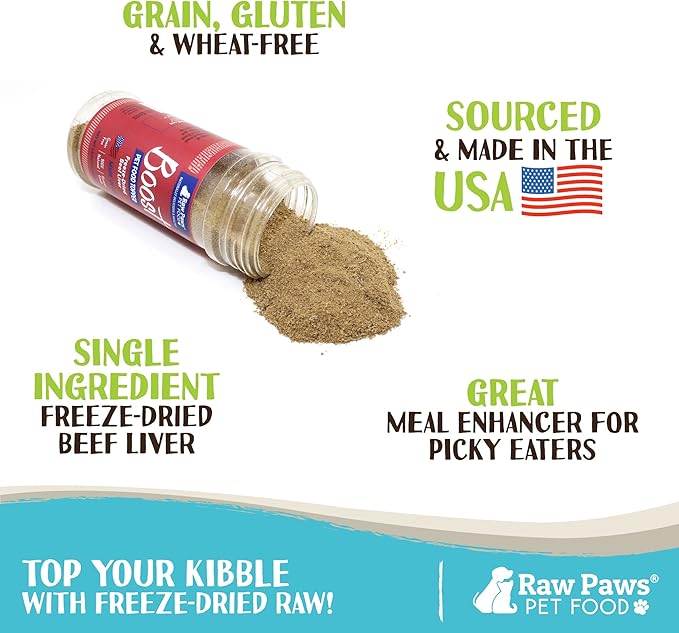 Raw Paws Boost Pet Food Topper Freeze-Dried Beef Liver, 3.2-oz, Made in USA, Dog Food Toppers for Picky Eaters, Cat Gravy Dog Gravy Topper for Dry Food, Beef Liver Sprinkles for Dogs, Cat Food Toppers