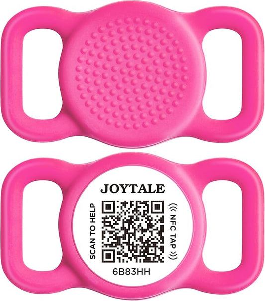 Joytale [ NO APP Required ] Silent Silicone QR Code Dog Tag, Slide On Dog Tags for 3/8-5/8 Inch Collars or Vest, NFC Pet Online Profile, Scan QR to Send Location Alert Email, Hot Pink, S