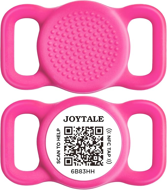 Joytale [ NO APP Required ] Silent Silicone QR Code Dog Tag, Slide On Dog Tags for 1 Inch Wide Collars or Vest, NFC Pet Online Profile, Scan QR to Send Location Alert Email, Hot Pink, M