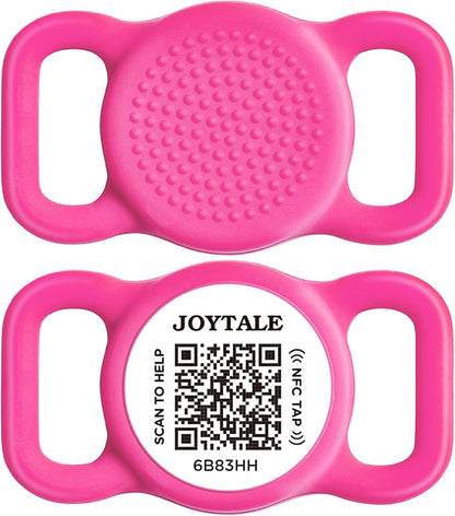 Joytale [ NO APP Required ] Silent Silicone QR Code Dog Tag, Slide On Dog Tags for 1 Inch Wide Collars or Vest, NFC Pet Online Profile, Scan QR to Send Location Alert Email, Hot Pink, M