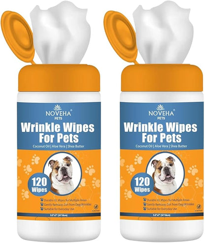 NOVEHA 240 Wrinkle XL Wipes for Dogs | Wrinkle Wipes for Bulldog, French Bulldog, Pug, Bulldog – Wipes for Multiple Areas Removes Dirt, Wrinkles, Folds, Tear Stain, Tail Pockets & Paws