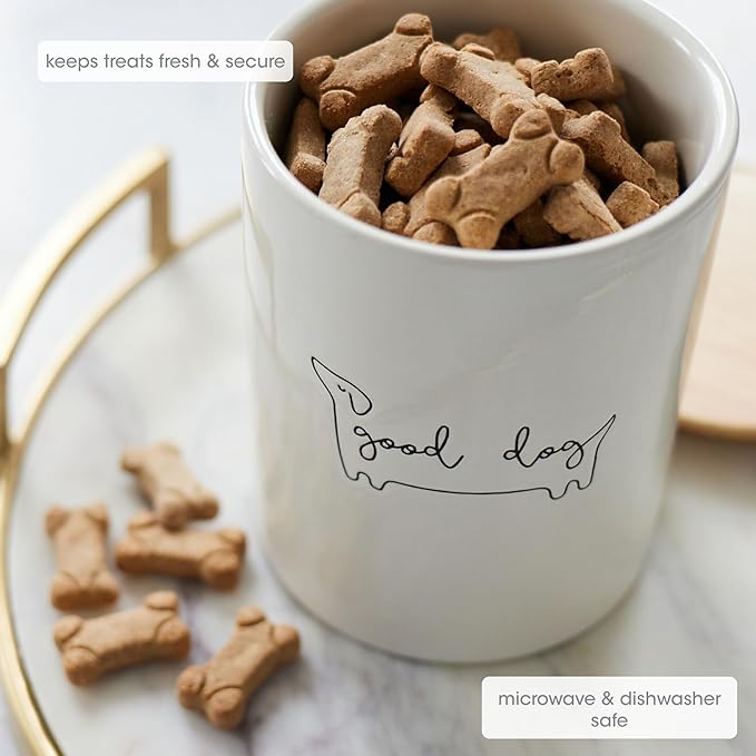 Pearhead Good Dog Treat Jar, Ceramic and Wood Pet Treat Canister, Neutral Modern Kitchen Decor, Pet Accessories, Dog Biscuit Storage Jar, Freshness Seal, Holds 4 Cups