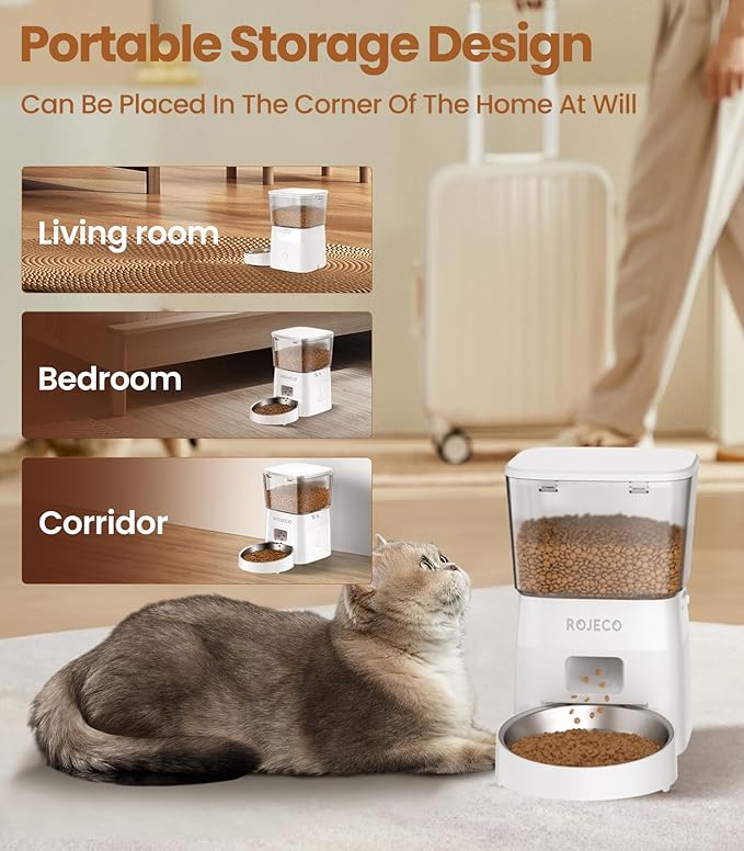 ROJECO Automatic Cat Feeders,2.4G WiFi Automatic Cat Food Dispenser with APP Feeding Control,2L Auto Timed Pet Feeder for Cats &Puppy,Dogs Pet Feeder with Stainless Steel Bowl