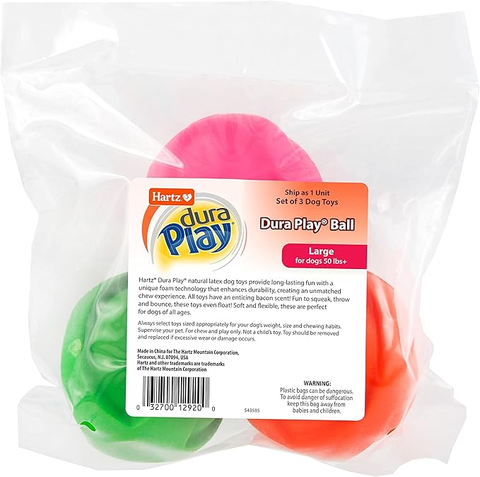 Hartz DuraPlay Ball Squeaky Latex Dog Toy, Neon Green, Neon Pink & Neon Orange, Large 3 Count Pack