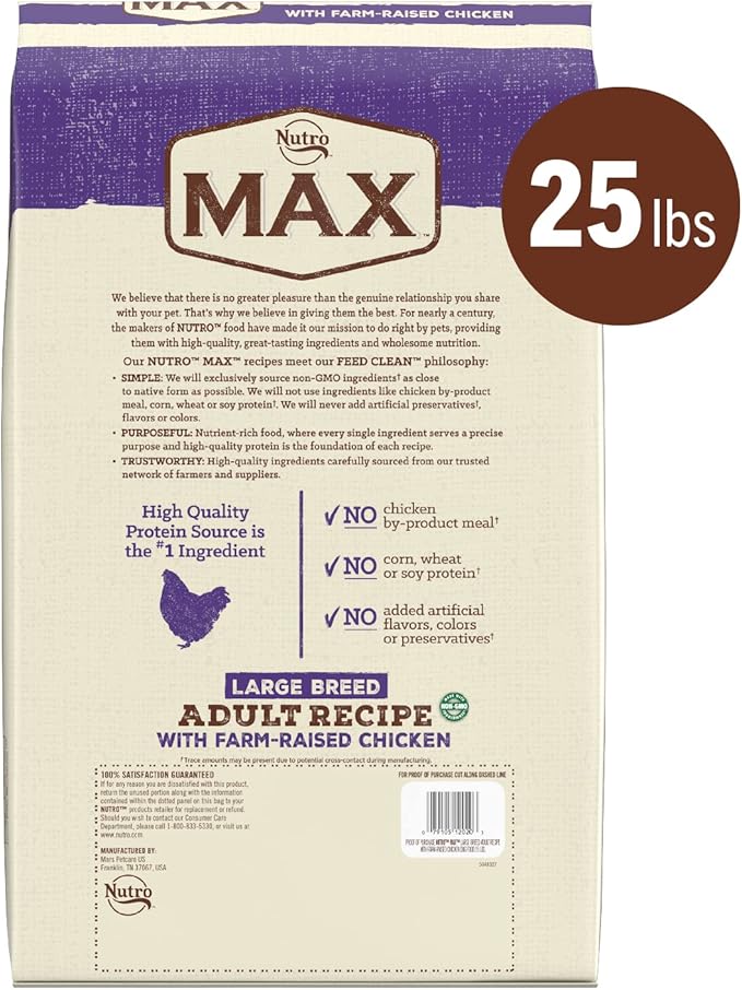 Nutro Max Large Breed Adult Recipe Dry Dog Food With Farm-Raised Chicken, 25 LB Bag