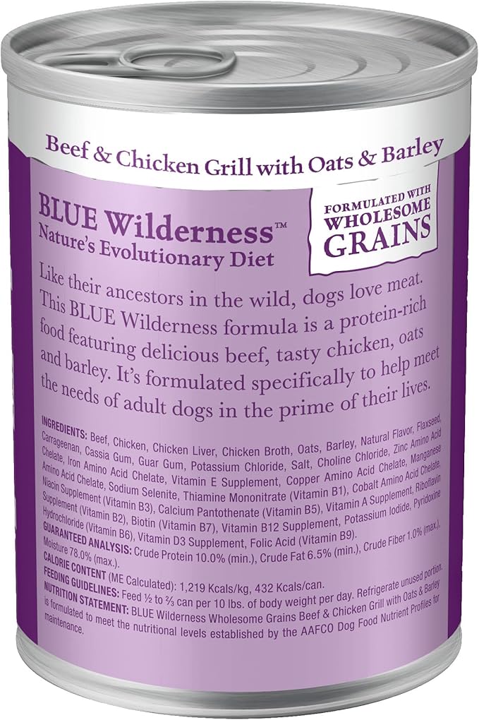 Blue Buffalo Wilderness Adult Wet Dog Food with Wholesome Grains, Made with Natural Ingredients, Beef & Chicken Grill, 12.5-oz. Can (12 Count)