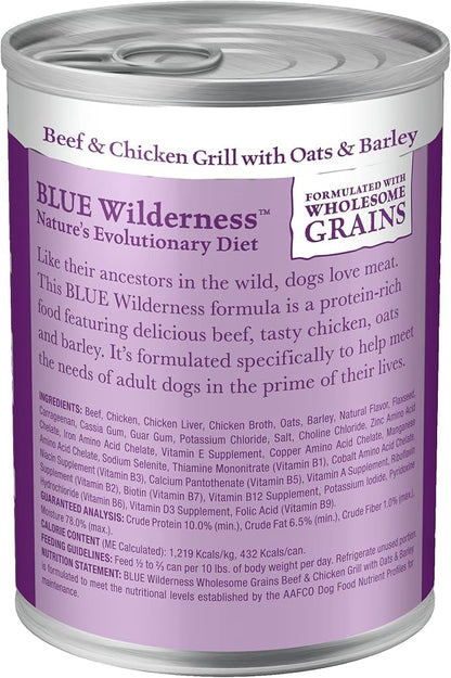 Blue Buffalo Wilderness Adult Wet Dog Food with Wholesome Grains, Made with Natural Ingredients, Beef & Chicken Grill, 12.5-oz. Can (12 Count)