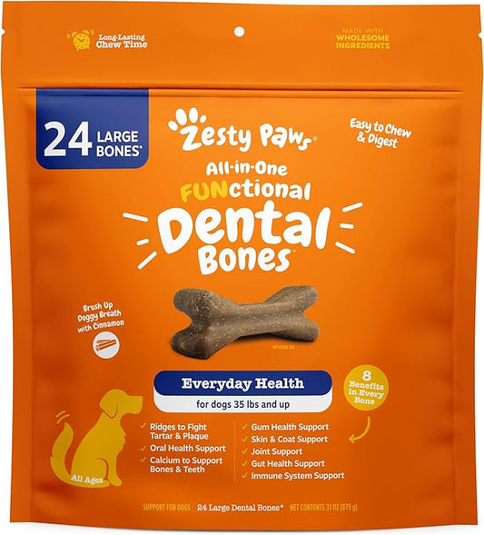 Zesty Paws Dental Bones - Fights Tartar & Plaque - Gum, Teeth & Bone Health - Cinnamon for Dog Breath - Immune, Joint, Gut, Skin & Coat Support - Omega 3 EPA & DHA and Calcium - Large Dogs - 24 ct…