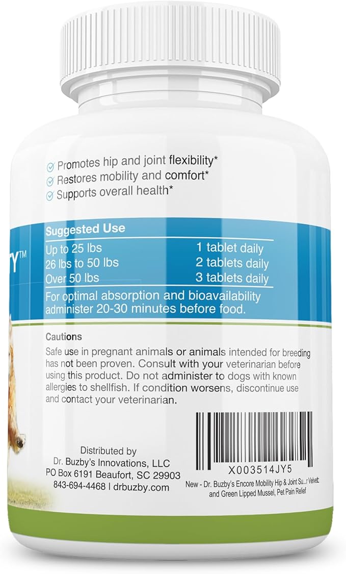 Dr. Buzby’s Encore Mobility Hip & Joint Supplement for Senior Dogs, 90 Chewable Tablets, Natural New Zealand Deer Velvet and Green Lipped Mussel, Pet Pain Relief