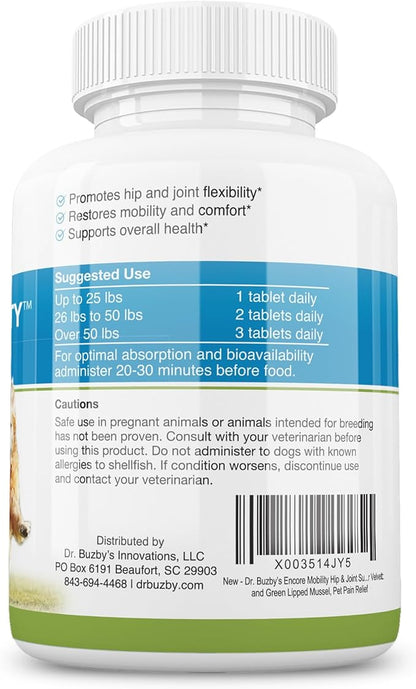 Dr. Buzby’s Encore Mobility Hip & Joint Supplement for Senior Dogs, 90 Chewable Tablets, Natural New Zealand Deer Velvet and Green Lipped Mussel, Pet Pain Relief