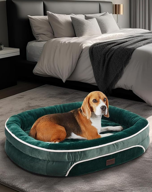 Orthopedic Dog Bed for Large Dogs, Dog Couch Design with Egg Foam Support, Removable, Machine Washable Plush Cover and Non-Slip Bottom with Four Sided Bolster Cushion (Dark Green)