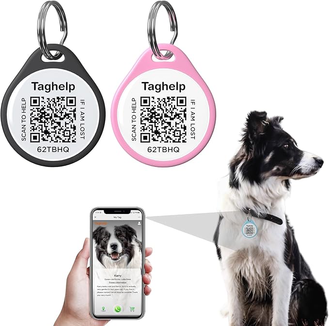 (2 Pack) QR Code Pet ID Dog cat Tags for Collar Personalized for Pet Online Profile - Scan QR Receive Instant Pet Location Alert Email, Anti-Lost,No Subscription fees (Black & Pink, for Dog - 1.2")