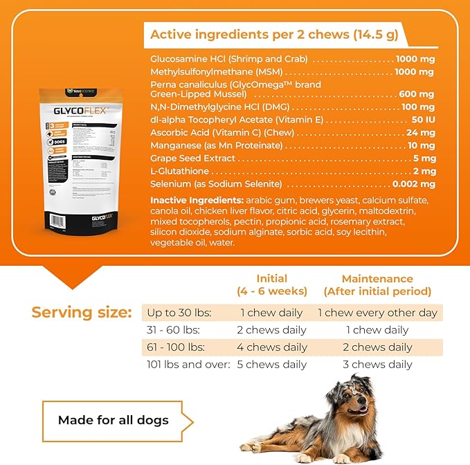 VetriScience Glycoflex 3 Clinically Proven Hip and Joint Supplement for Dogs - Maximum Strength Dog Supplement with Glucosamine, MSM, Green Lipped Mussel & DMG - 3 Pack (120 Chews Each)