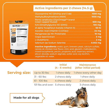VetriScience Glycoflex 3 Clinically Proven Hip and Joint Supplement for Dogs - Maximum Strength Dog Supplement with Glucosamine, MSM, Green Lipped Mussel & DMG - 120 Chewable Tablets, Chicken Flavor