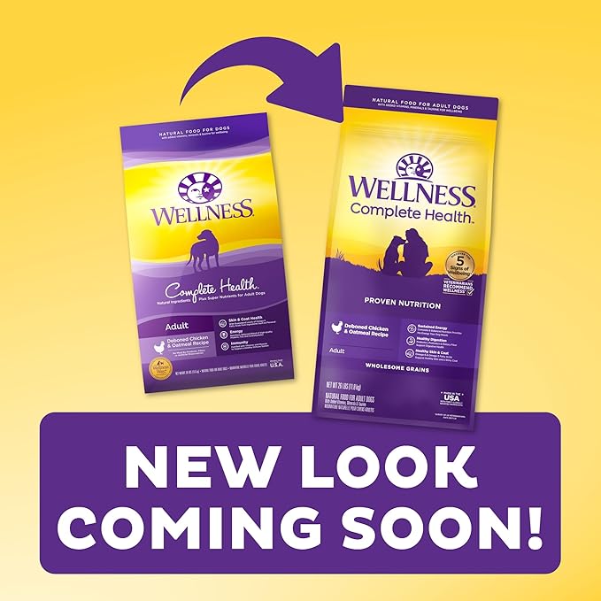Wellness Complete Health Dry Dog Food with Grains, Natural Ingredients, Made in USA with Real Meat, All Breeds, For Adult Dogs (Chicken & Oatmeal, 5-Pound Bag)