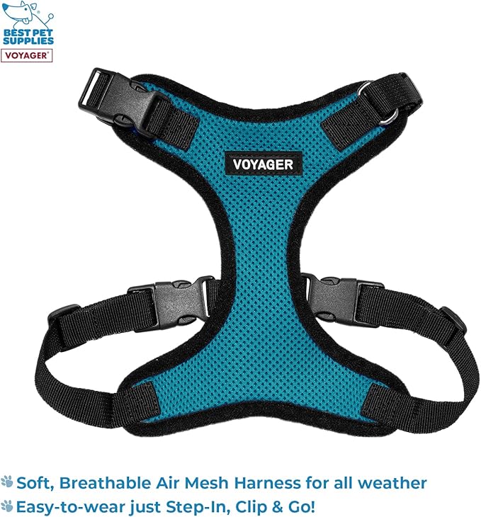 Voyager Step-in Lock Dog Harness w Reflective Dog Leash Combo Set with Neoprene Handle 5ft - Supports Small, Medium and Large Breed Puppies/Cats by Best Pet Supplies - Turquoise/Black Trim, M