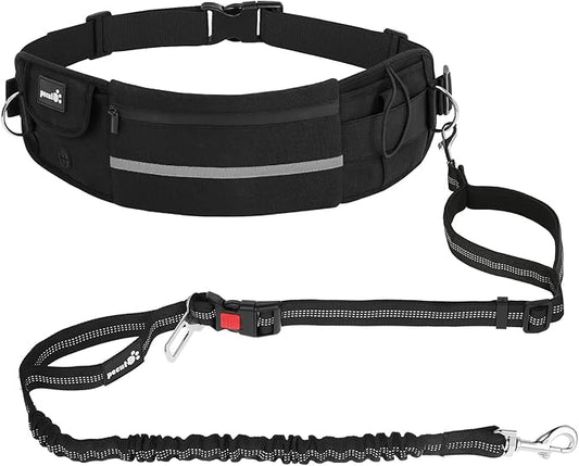 Pecute Hands Free Dog Leash with Pouch, Waist Belt Fanny Pack with Soft Pads, Dual Padded Handles and Durable Bungee for Walking, Hiking, Jogging Biking, and Running (Up to 220lbs) Black
