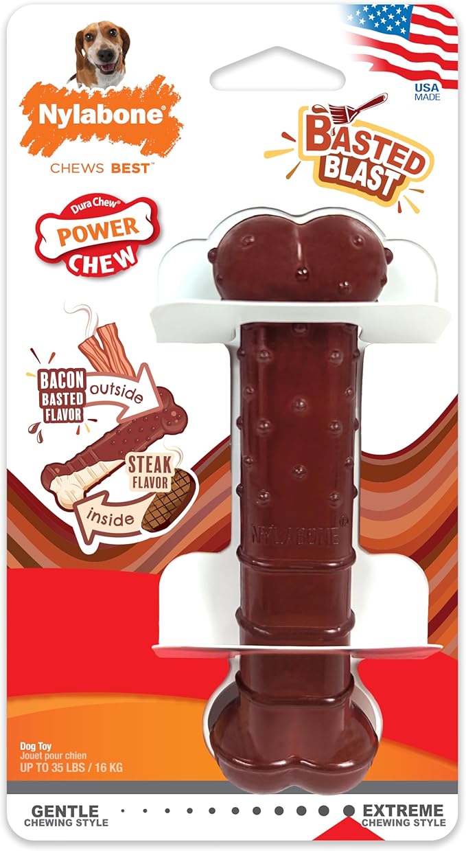 Nylabone Power Chew Classic Bone Chew Toy for Dogs, Durable Dog Toys for Aggressive Chewers, Basted Blast Bacon & Steak Flavor, Medium/Wolf (1 Count)
