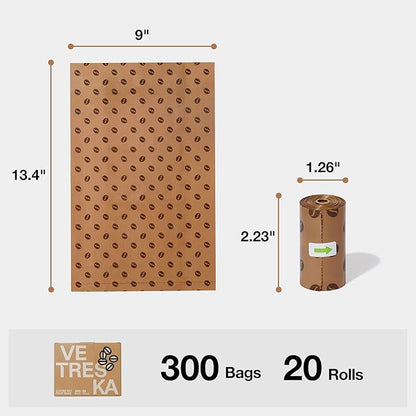 VETRESKA Dog Poop Bags, Coffee Scented Waste Bags, Leak Proof, Extra Thick and Large Dog Pet Bags for Dogs and Cats - 300 Count Bags (20 Refill Rolls)