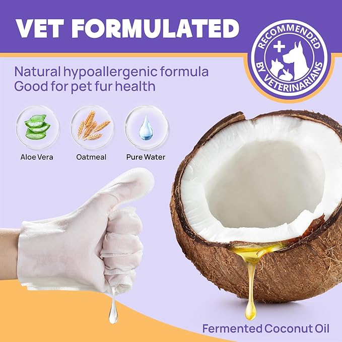 HICC PET Cleaning & Deodorizing Bathing Wipes for Dogs and Cats, Nourish Fur Coconut Oil Grooming Wipes for Dogs, Pet Cleaning Gloves Wipes for Daily Care and Traveling, Hypoallergenic