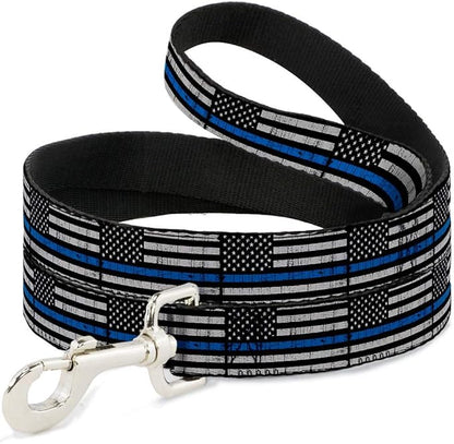 Buckle-Down Dog Leash Thin Blue Line Flag Weathered Black Gray Blue 6 Feet Long 0.5 Inch Wide
