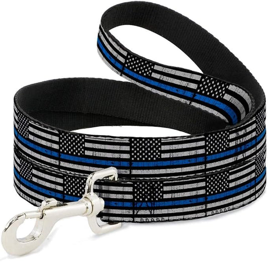 Buckle-Down Dog Leash Thin Blue Line Flag Weathered Black Gray Blue 6 Feet Long 0.5 Inch Wide