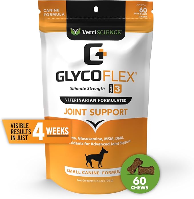 VetriScience Glycoflex 3 Clinically Proven Hip and Joint Support Supplement for Small Dogs - Maximum Strength Dog Supplement with Glucosamine, MSM, Green Lipped Mussel & DMG - 60 Chews,Chicken Flavor
